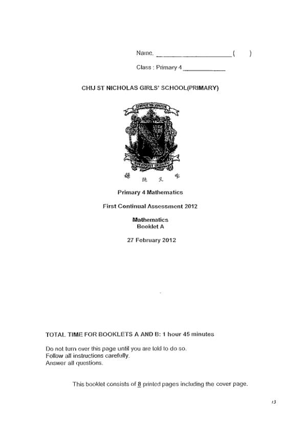 First page preview of P4 Math 2012 WA1 — CHIJ