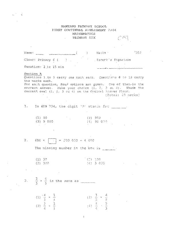 Nanyang P6 Math WA1 2004 exam paper PDF preview