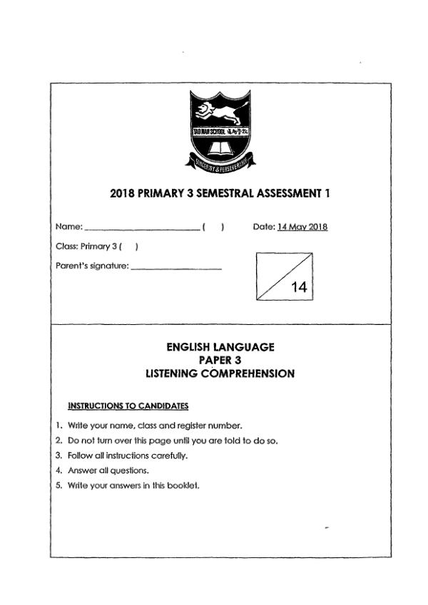 Tao Nan P3 Eng WA2 2018 exam paper PDF first page preview