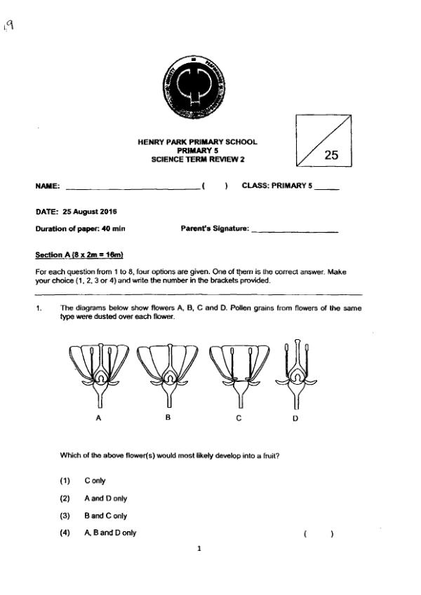 Henry Park P5 Sci WA3 2016 exam paper PDF first page preview