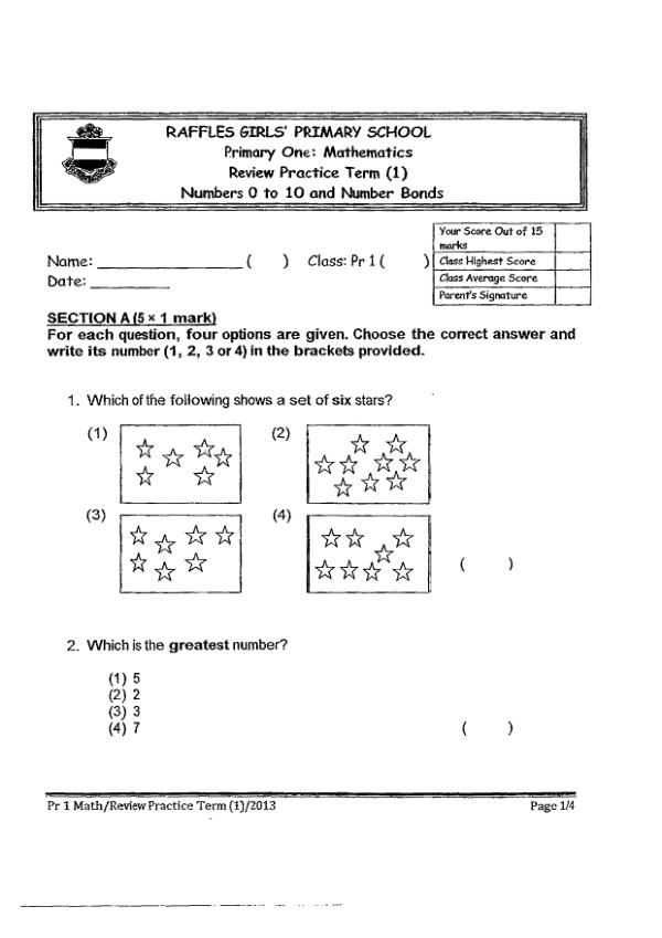 Raffles Girls P1 Math SA2 2013 exam paper PDF preview