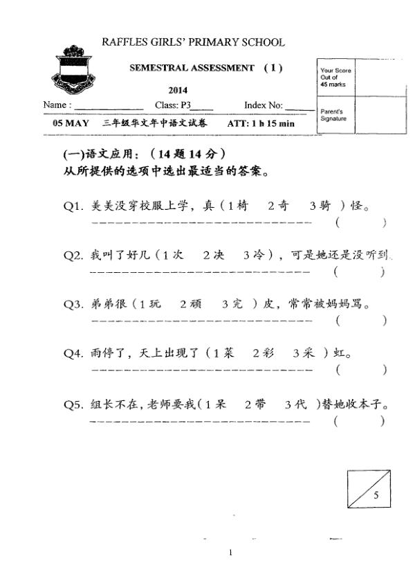 Raffles Girls P3 Chi WA2 2014 exam paper PDF first page preview