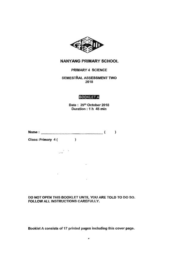 Nanyang P4 Sci SA2 2018 exam paper PDF first page preview