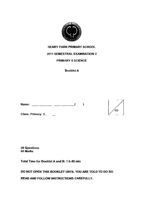 Henry Park P5 Sci SA2 2011 exam paper PDF preview