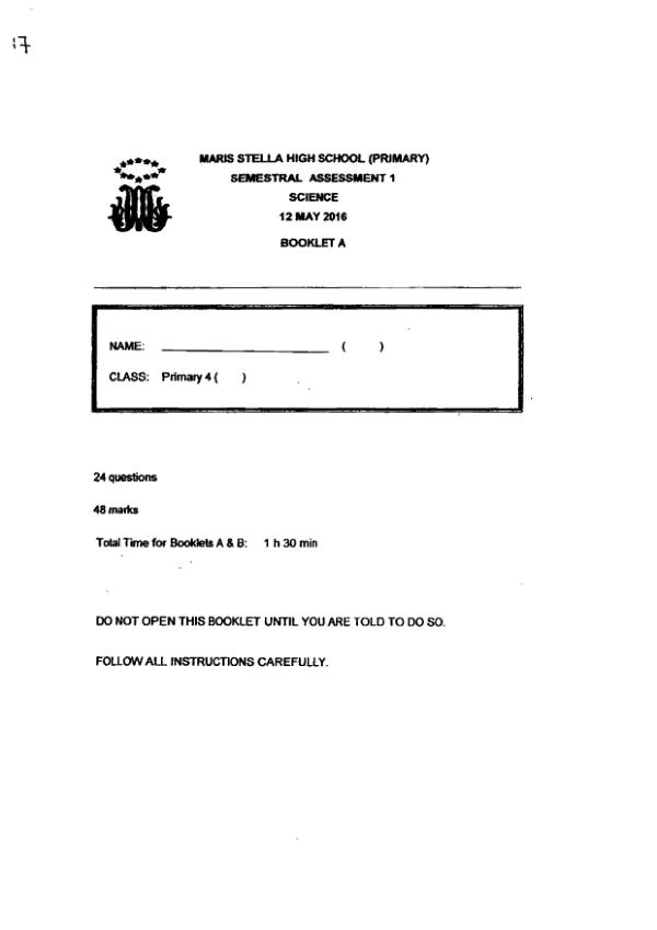 Maris Stella High P4 Sci WA2 2016 exam paper PDF first page preview