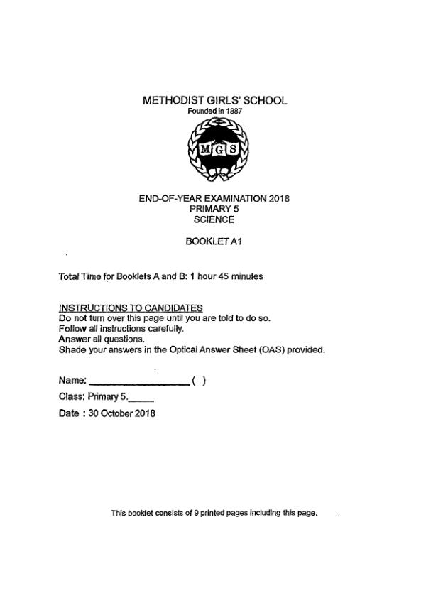 Methodist Girls P5 Sci SA2 2018 exam paper PDF preview
