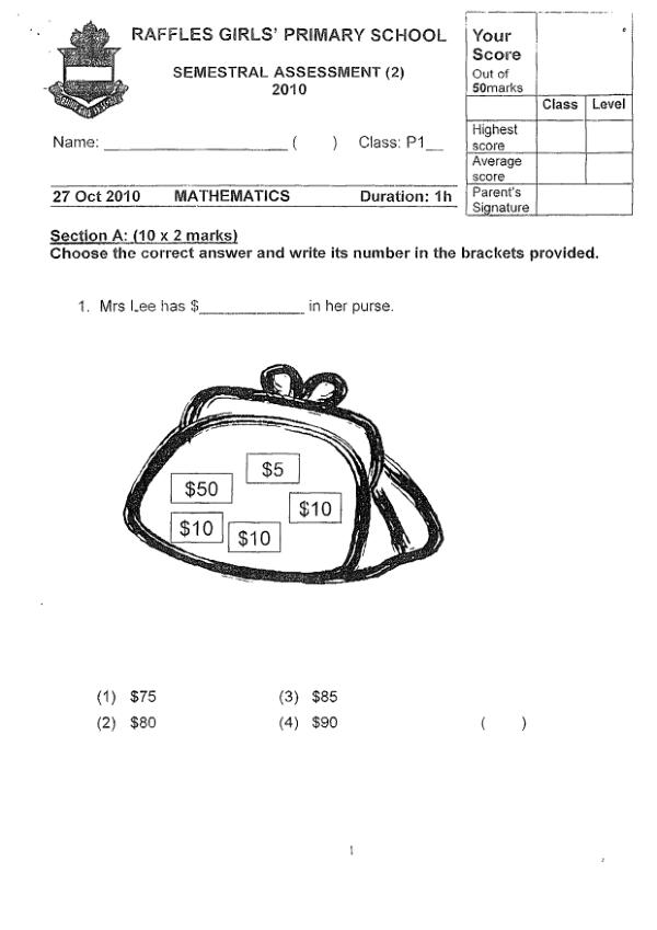 Raffles Girls P1 Math SA2 2010 exam paper PDF preview