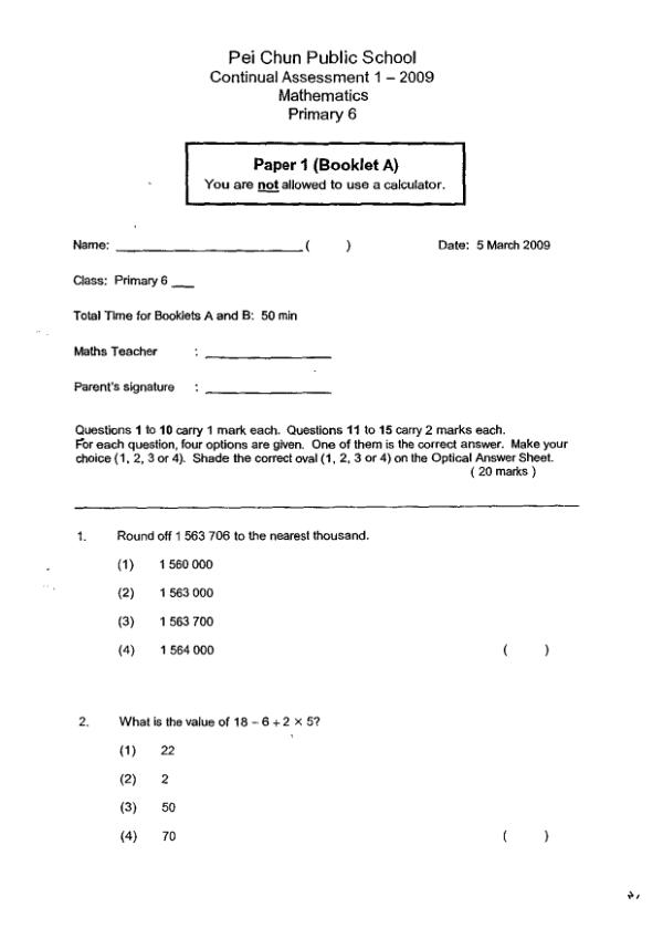 Pei Chun P6 Math WA1 2009 exam paper PDF preview