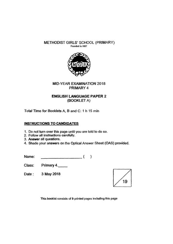 Methodist Girls P4 Eng WA2 2018 exam paper PDF first page preview