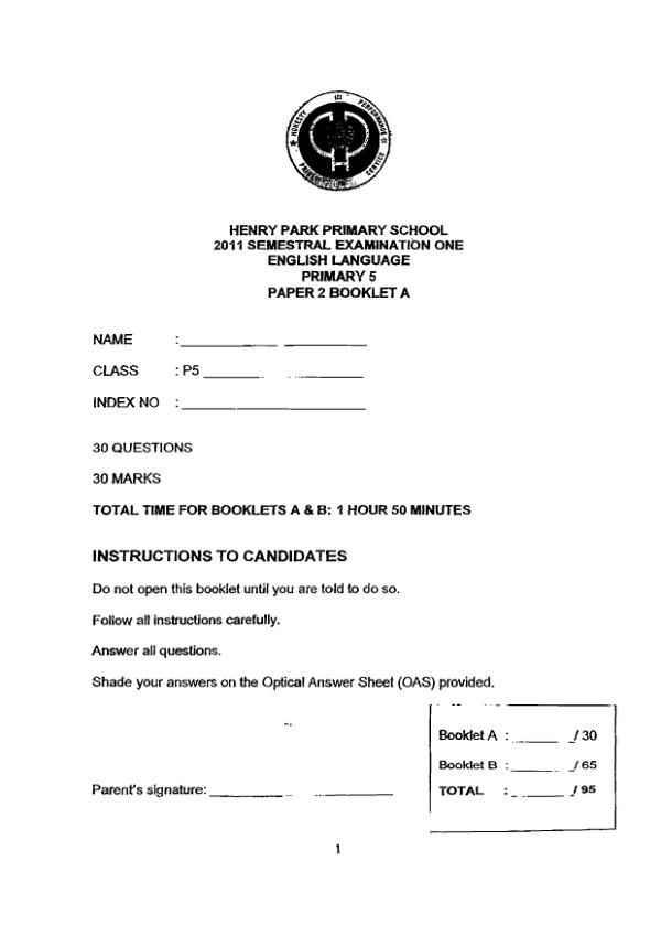 Henry Park P5 Eng WA2 2011 exam paper PDF preview