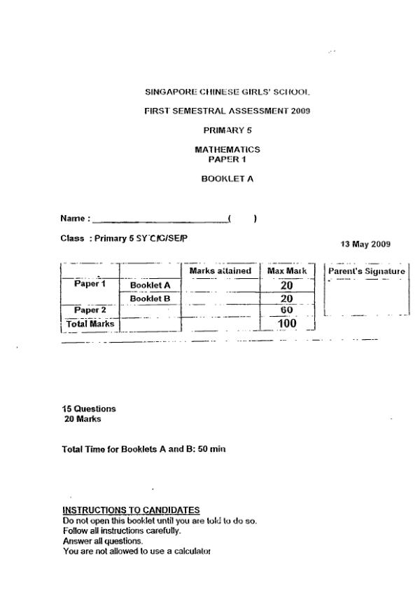 First page preview of P5 Math 2009 WA2 — Singapore Chinese Girls