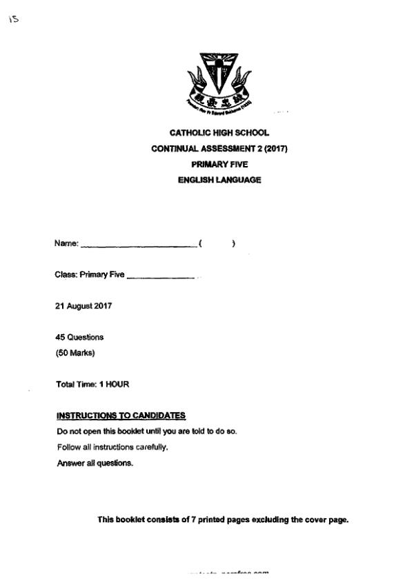 Catholic High P5 Eng WA3 2017 exam paper PDF preview