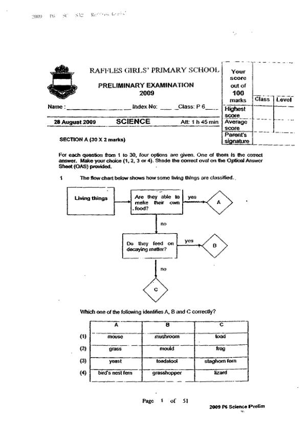 Raffles Girls P6 Sci SA2 2009 exam paper PDF first page preview