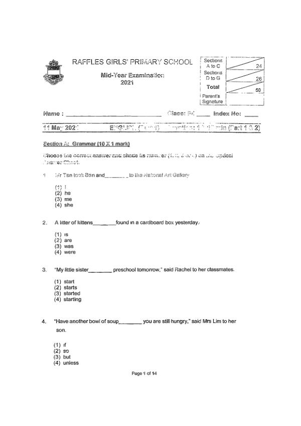 Raffles Girls P4 Eng WA2 2021 exam paper PDF first page preview