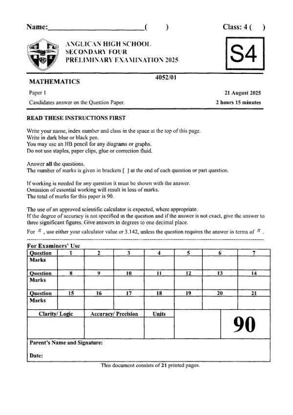 Anglican Sec4 E_Maths Prelim 2025 exam paper PDF preview