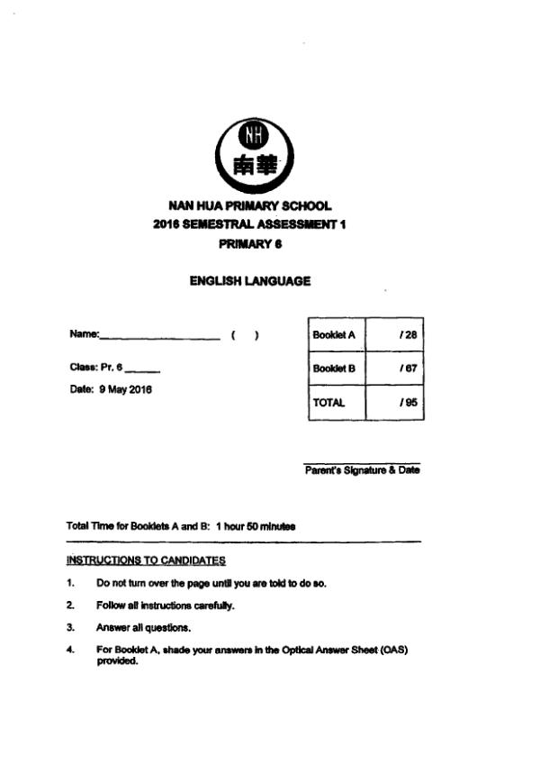Nan Hua P6 Eng WA2 2016 exam paper PDF preview