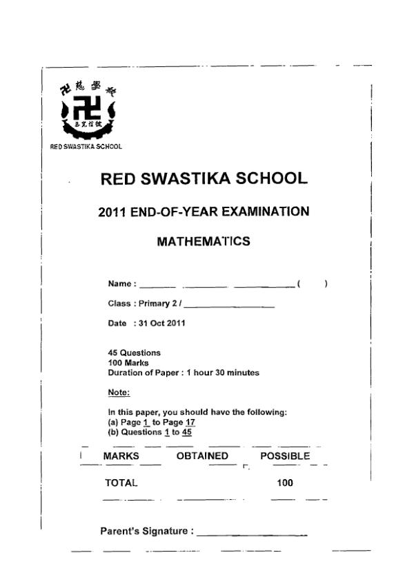 Red Swastika P2 Math SA2 2011 exam paper PDF preview
