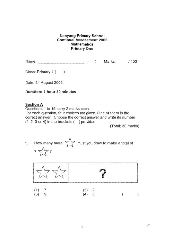 Nanyang P1 Math WA3 2006 exam paper PDF preview