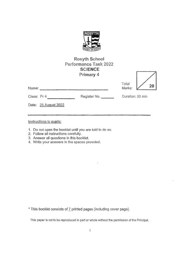 Rosyth P4 Sci WA3 2022 exam paper PDF preview