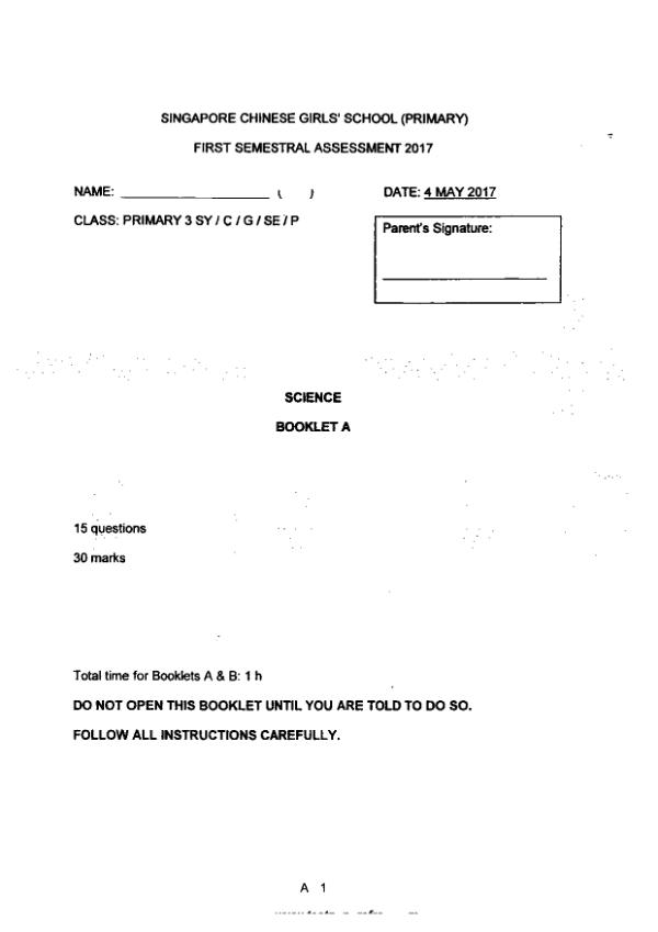 Singapore Chinese Girls P3 Sci WA2 2017 exam paper PDF first page preview