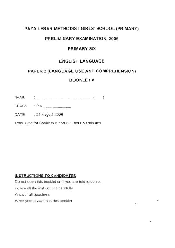Methodist Girls P6 Eng SA2 2006 exam paper PDF preview
