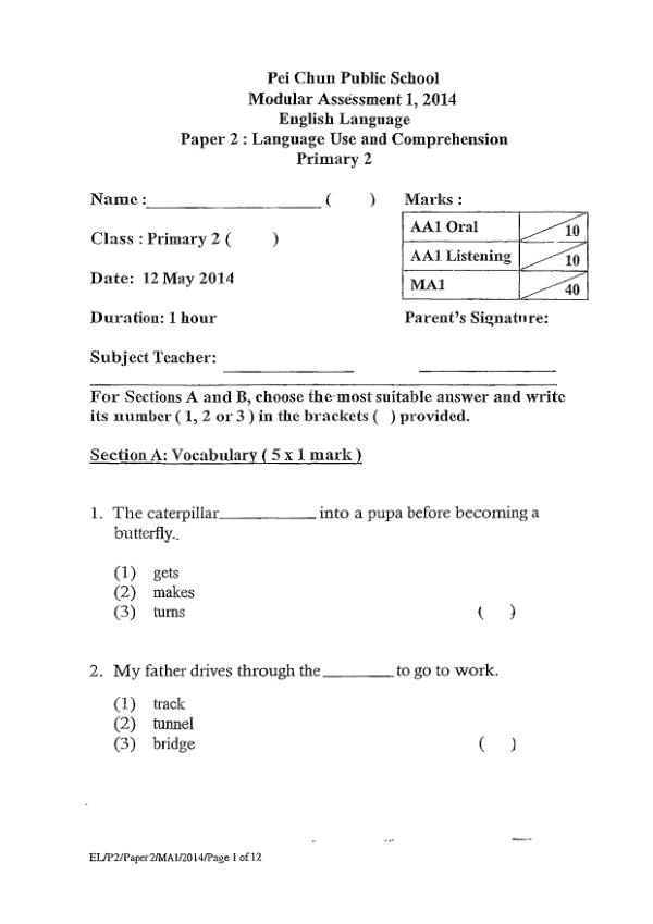 Pei Chun P2 Eng WA2 2014 exam paper PDF first page preview