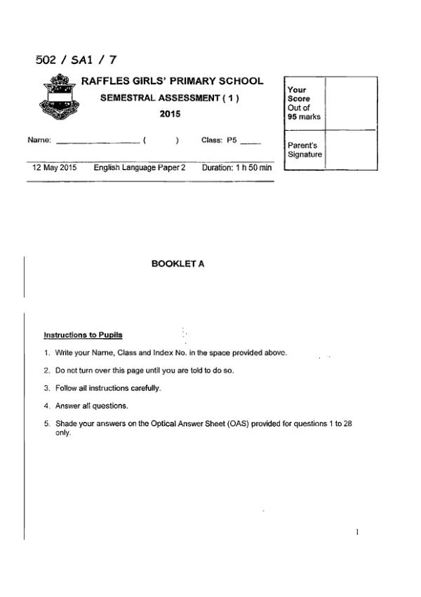 Raffles Girls P5 Eng WA2 2015 exam paper PDF first page preview