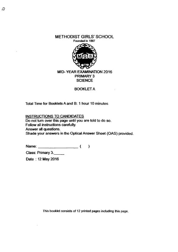 Methodist Girls P3 Sci WA2 2016 exam paper PDF first page preview