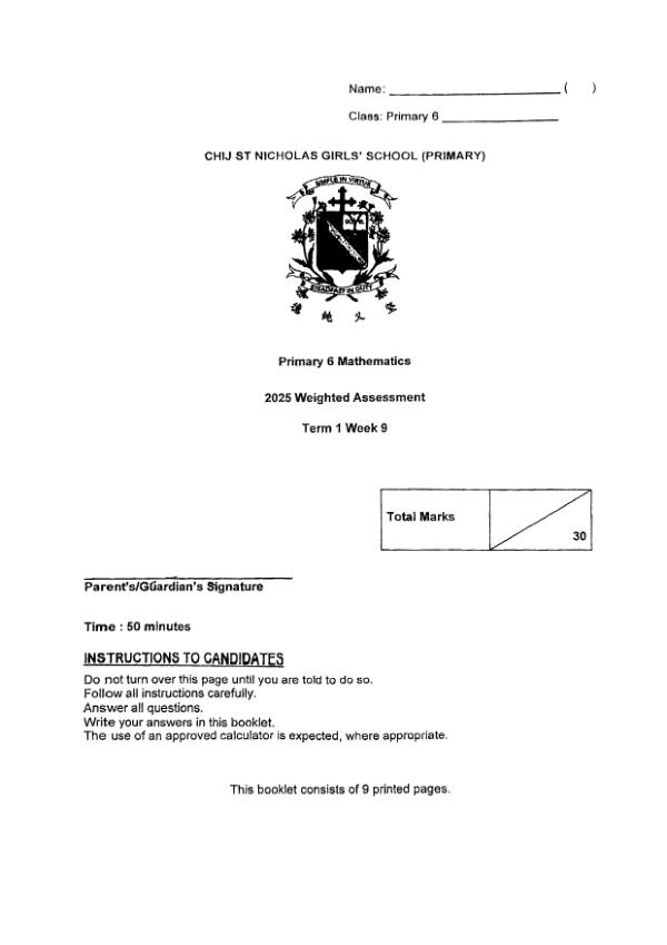 First page preview of P6 Math 2025 WA1 — CHIJ