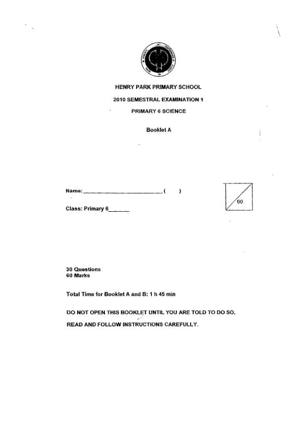 Henry Park P6 Sci WA2 2010 exam paper PDF first page preview