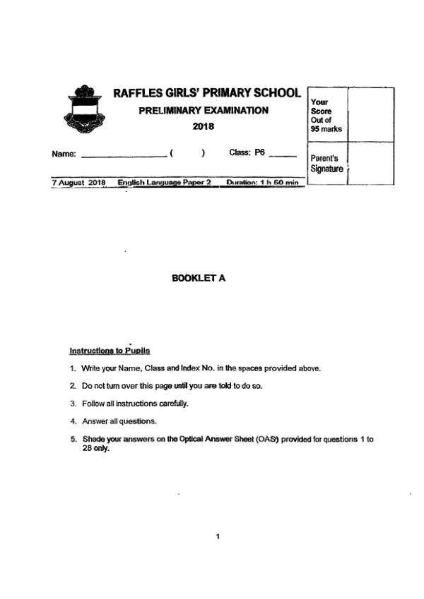 Raffles Girls P6 Eng SA2 2018 exam paper PDF first page preview