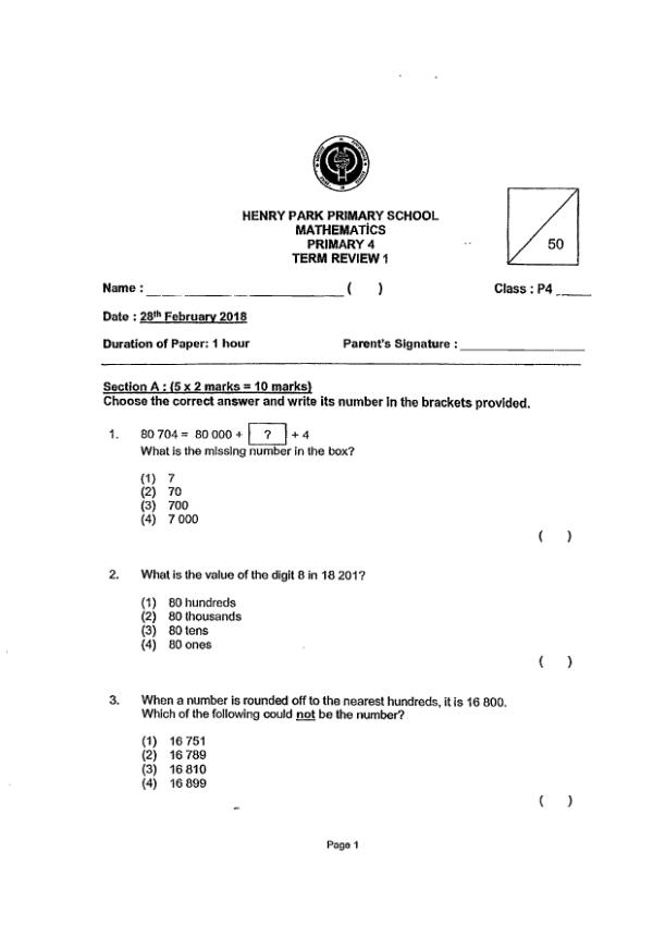First page preview of P4 Math 2018 WA1 — Henry Park