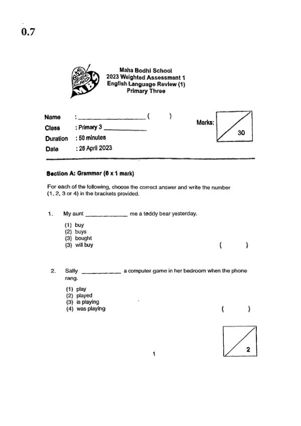 Maha Bodhi P3 Eng WA1 2023 exam paper PDF first page preview