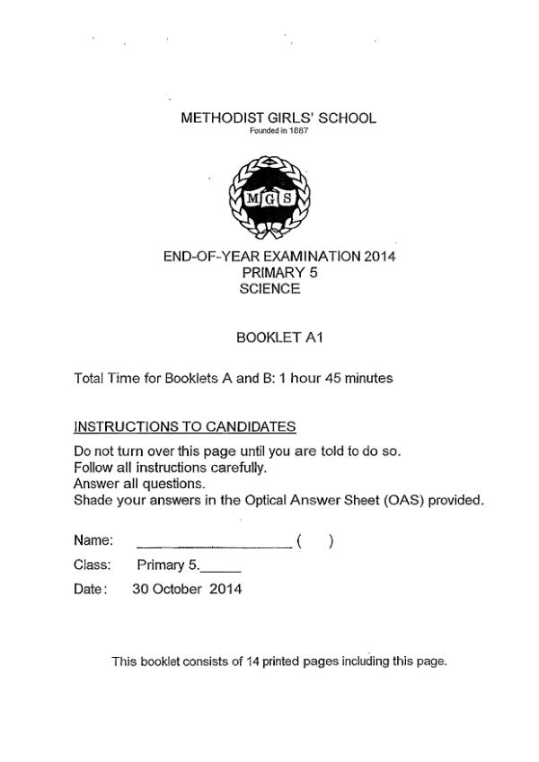 Methodist Girls P5 Sci SA2 2014 exam paper PDF first page preview