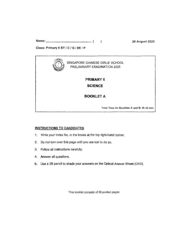 Singapore Chinese Girls P6 Sci SA2 2025 exam paper PDF preview