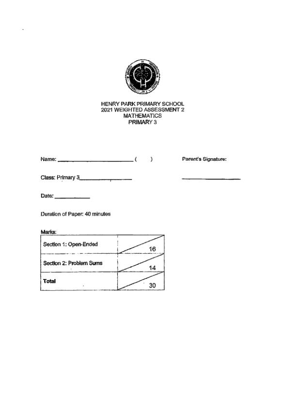 First page preview of P3 Math 2021 WA2 — Henry Park