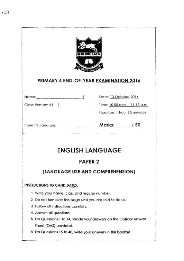 Tao Nan P4 Eng SA2 2016 exam paper PDF preview