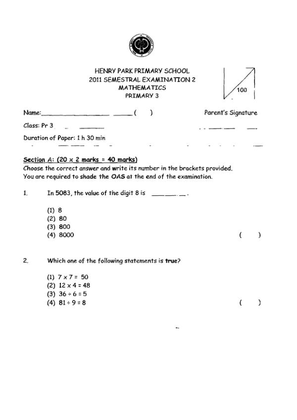 Henry Park P3 Math SA2 2011 exam paper PDF preview