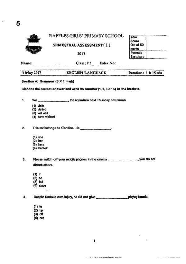 Raffles Girls P3 Eng WA2 2017 exam paper PDF first page preview