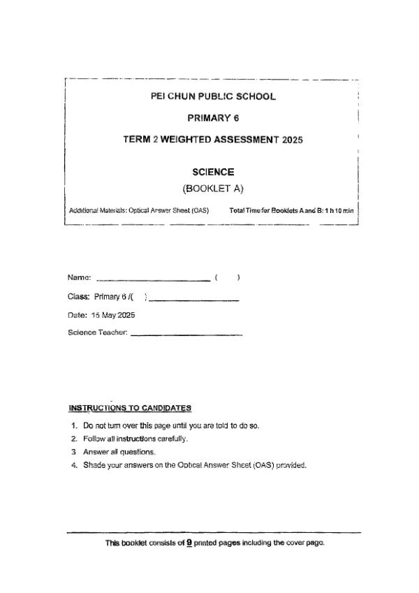 Pei Chun P6 Sci WA2 2025 exam paper PDF first page preview