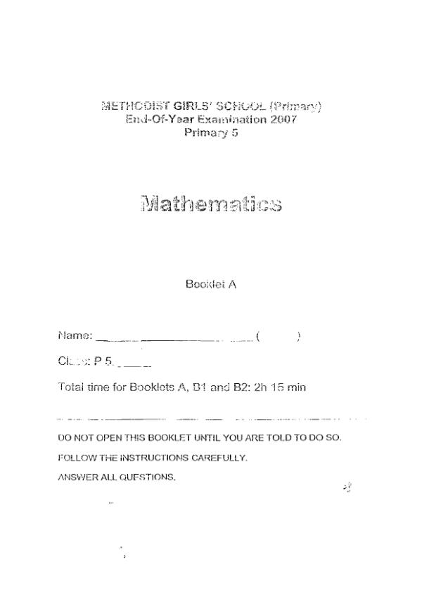 Methodist Girls P5 Math SA2 2007 exam paper PDF first page preview