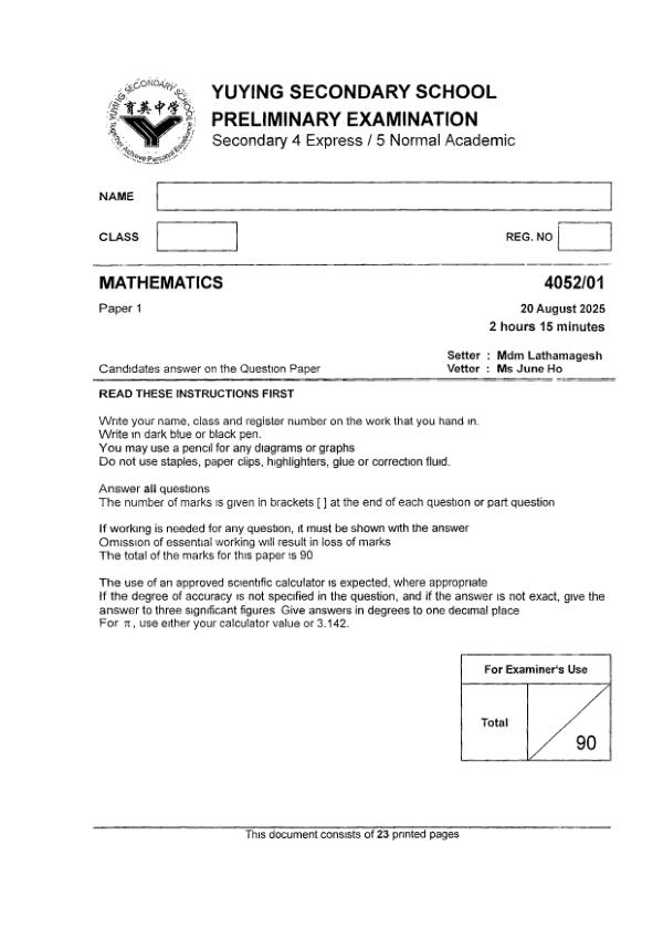 Yuying Sec4 E_Maths Prelim 2025 exam paper PDF preview