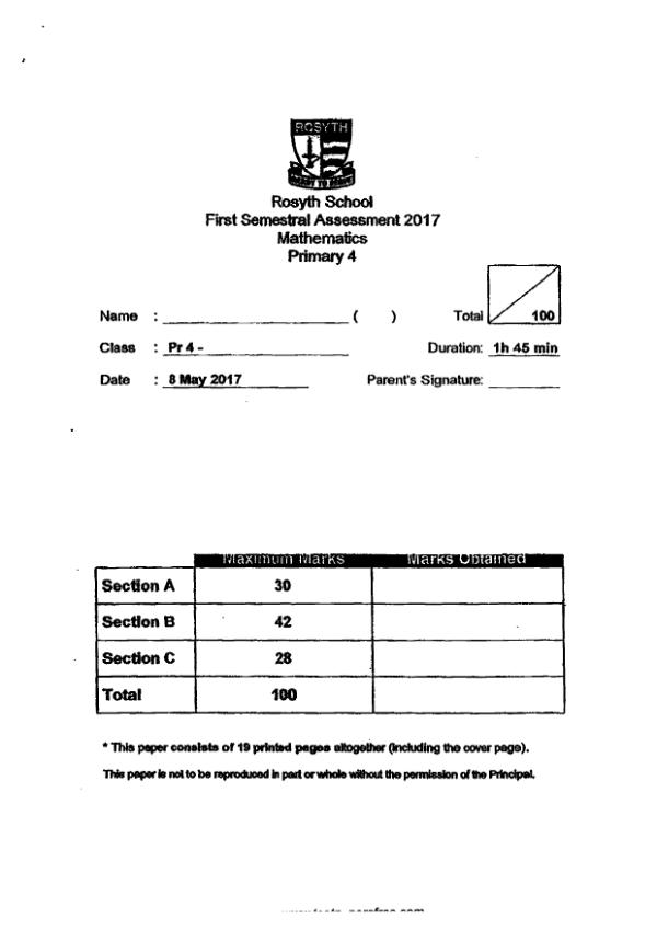 First page preview of P4 Math 2017 WA2 — Rosyth
