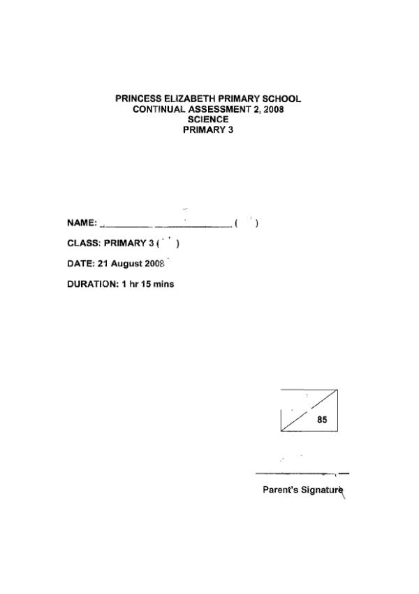 Princess Elizabeth P3 Sci WA3 2008 exam paper PDF preview