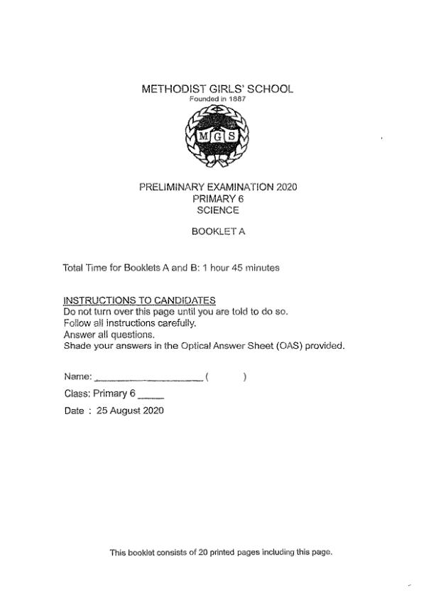 Methodist Girls P6 Sci SA2 2020 exam paper PDF preview