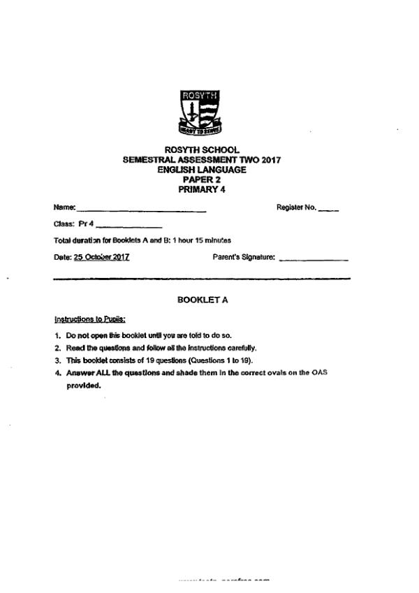 Rosyth P4 Eng SA2 2017 exam paper PDF preview