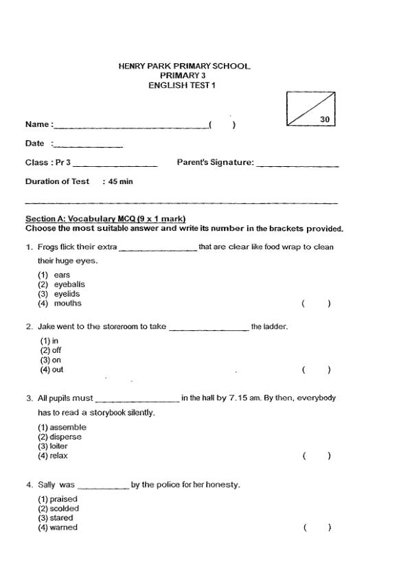 Henry Park P3 Eng WA1 2013 exam paper PDF preview