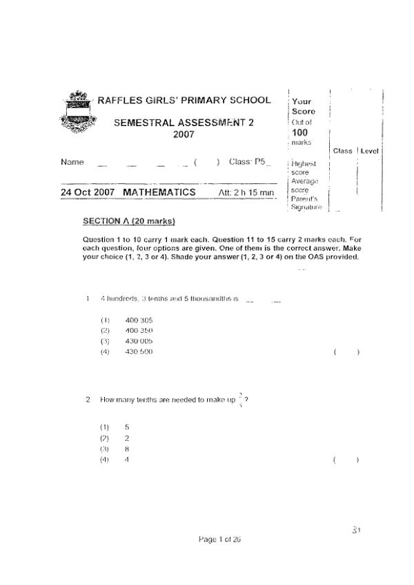 Raffles Girls P5 Math SA2 2007 exam paper PDF preview
