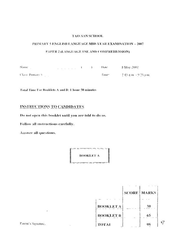 Tao Nan P5 Eng WA2 2007 exam paper PDF preview