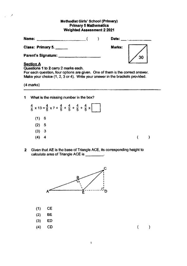 First page preview of P5 Math 2021 WA2 — Methodist Girls